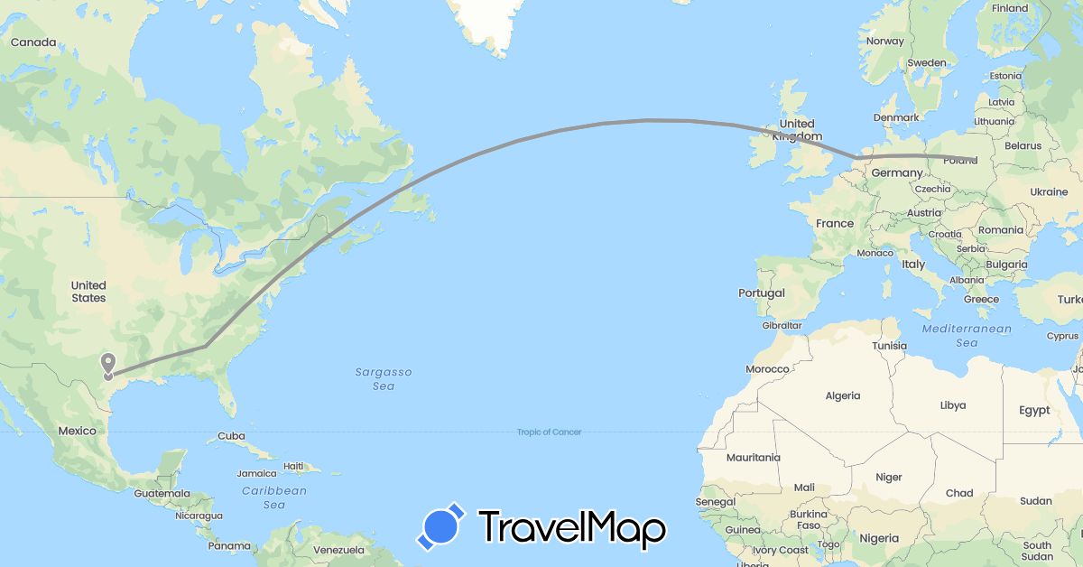 TravelMap itinerary: driving, plane in Netherlands, Poland, United States (Europe, North America)